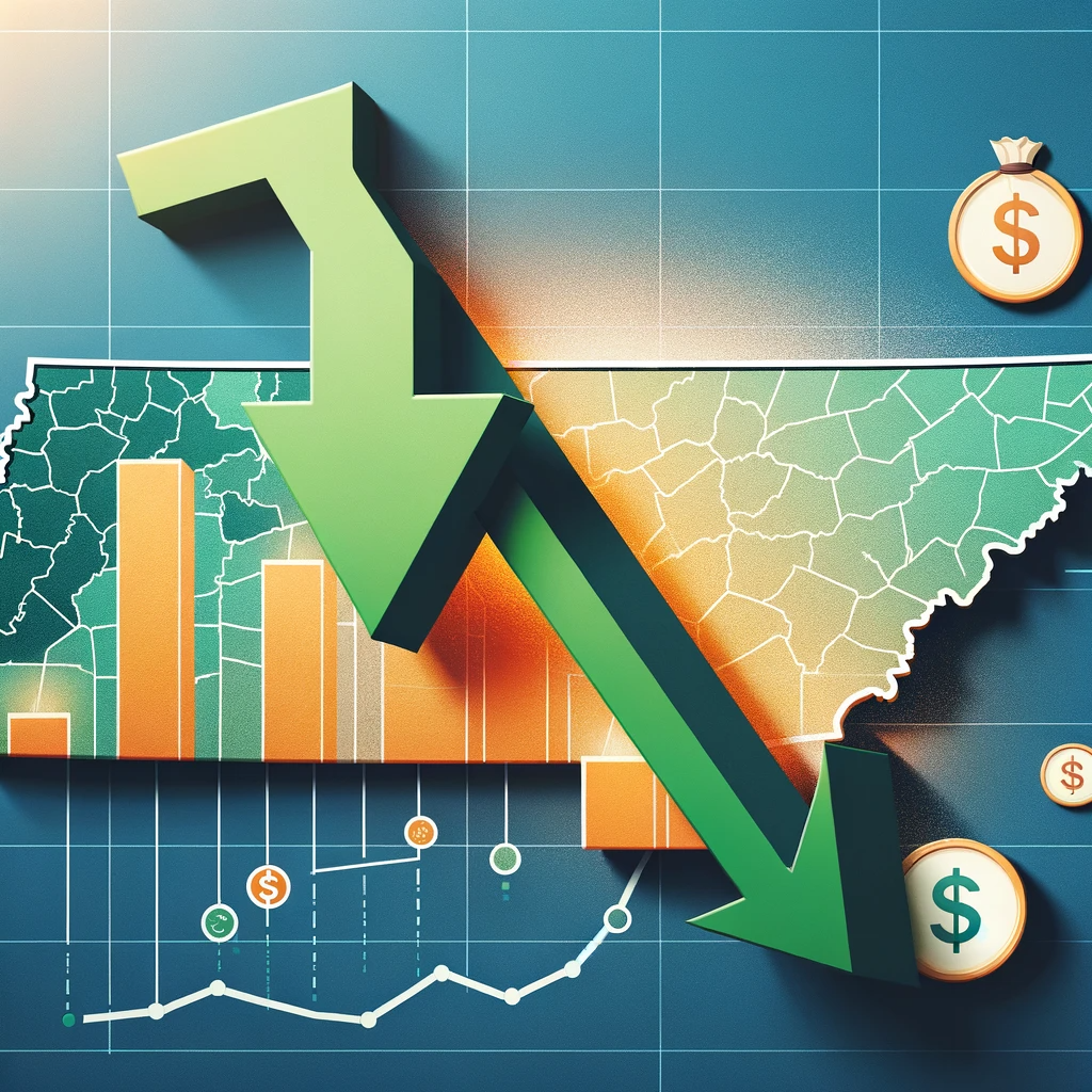 DALL·E 2024-01-25 10.18.24 - Illustrate the concept of workers' compensation insurance rates decreasing in Tennessee. The image features a map of Tennessee in the background, with